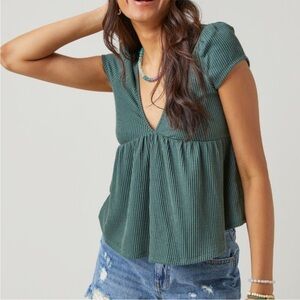 Teal Ribbed V-Neck Women's Top